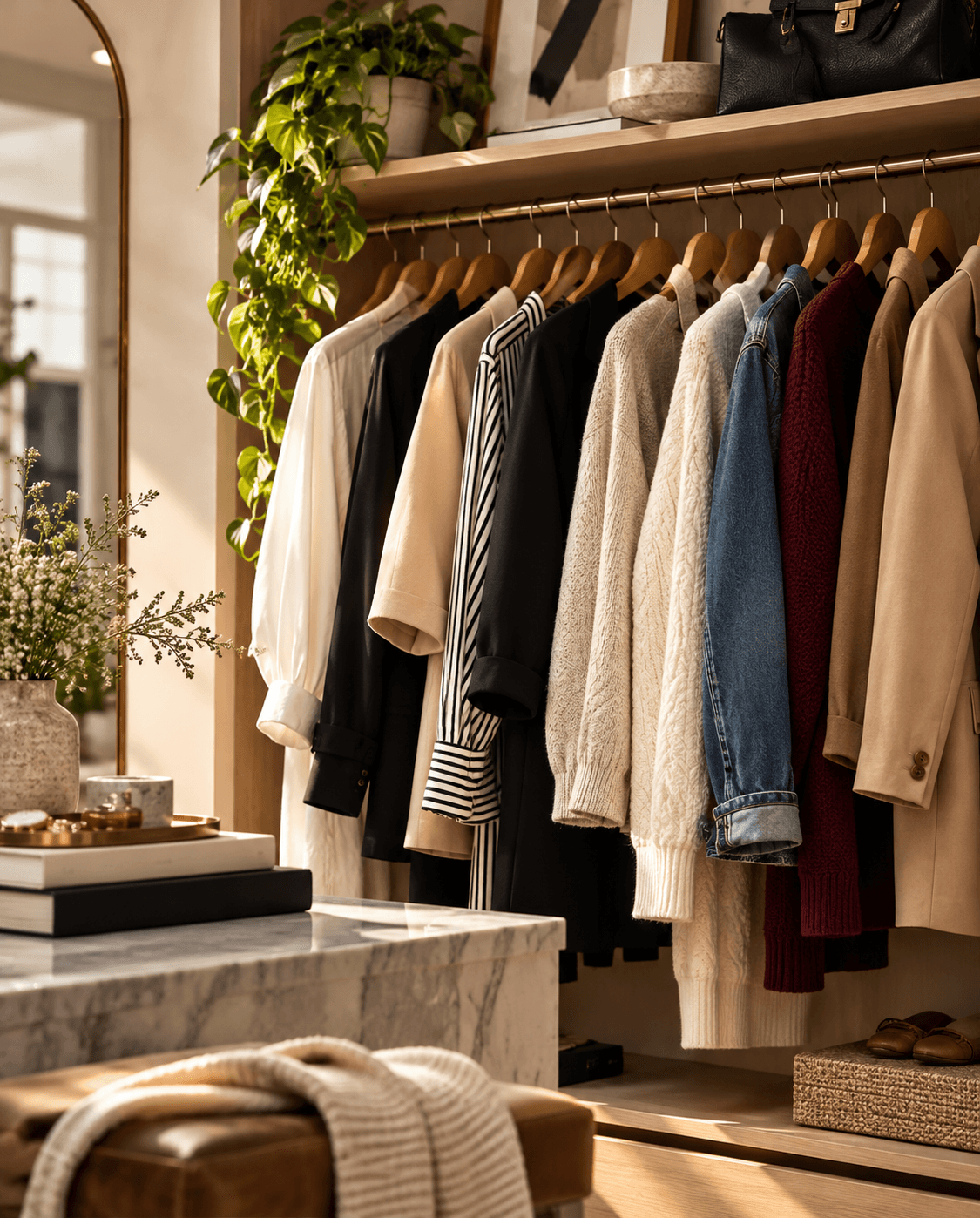 A warm, curated designer closet with carefully organized clothing.