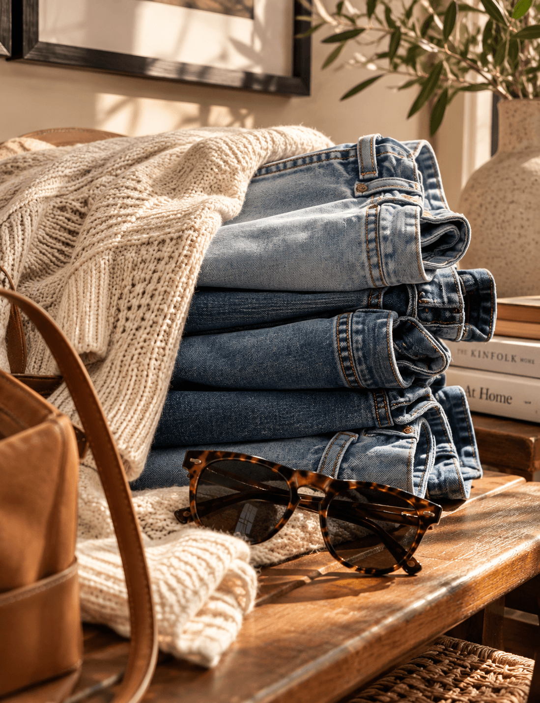 A cozy denim and knitwear outfit styled as a flat lay.