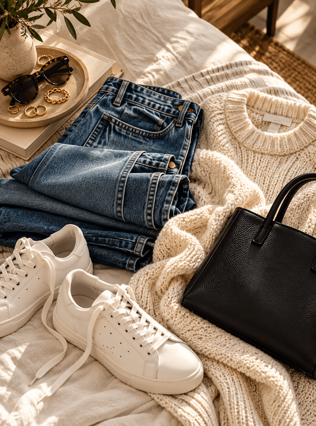 A cozy denim outfit styled as a flat lay for the weekend.