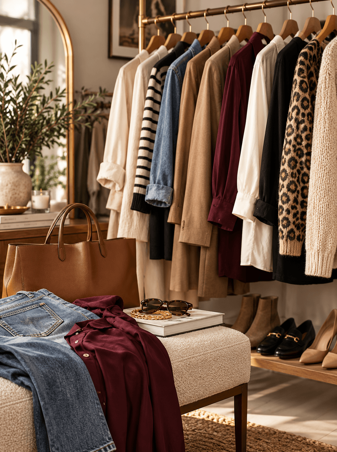 A warm, boutique-style closet corner with clothing organized by color.