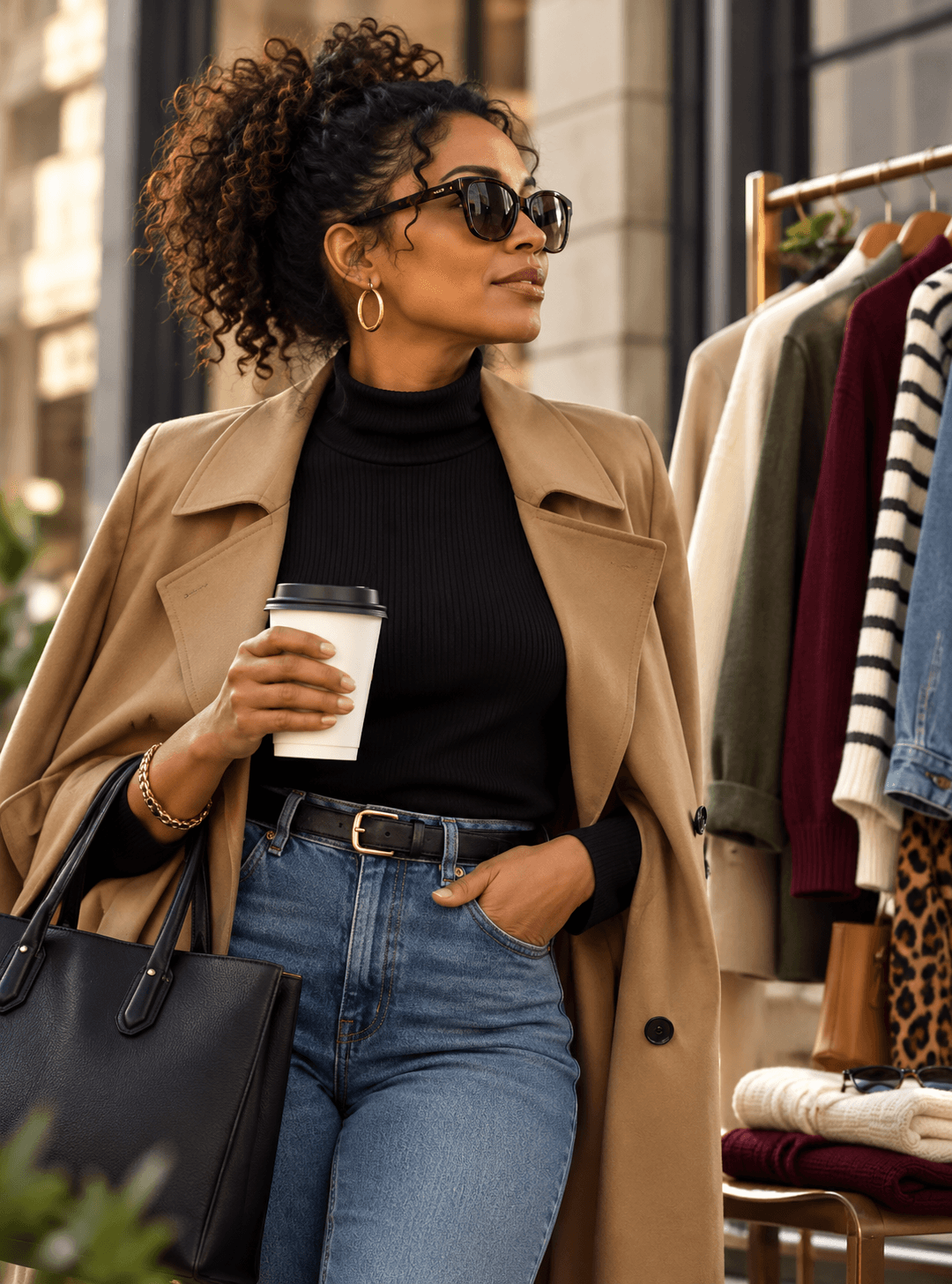 Urban layers styled for seasonal transition, with a coffee in hand.