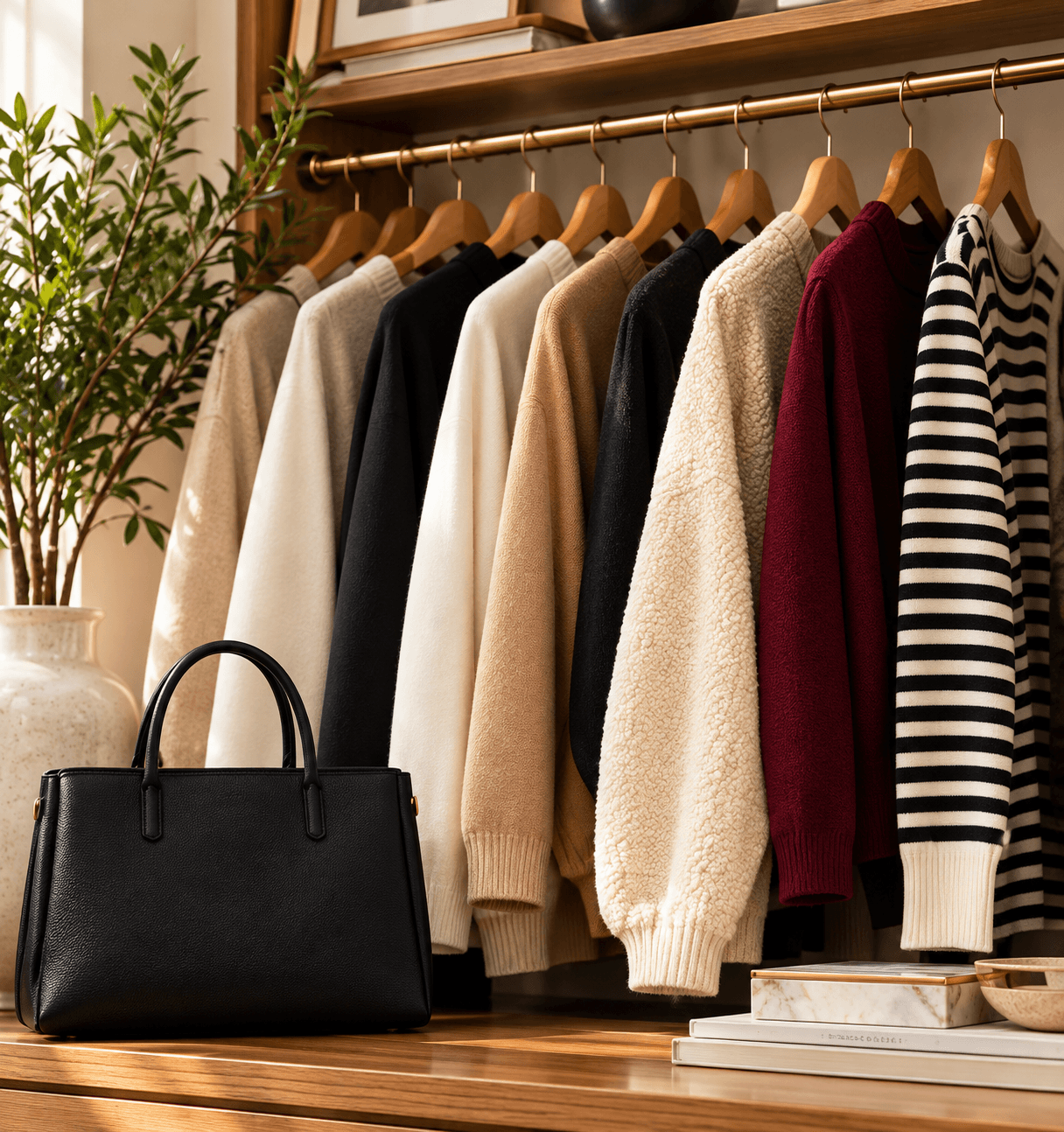 A cozy, neutral boutique-style closet with curated hanging pieces.