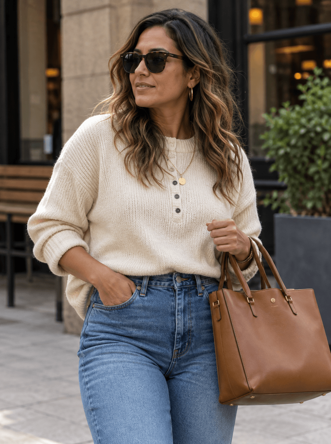 A woman in an urban street-style portrait carrying a tote.